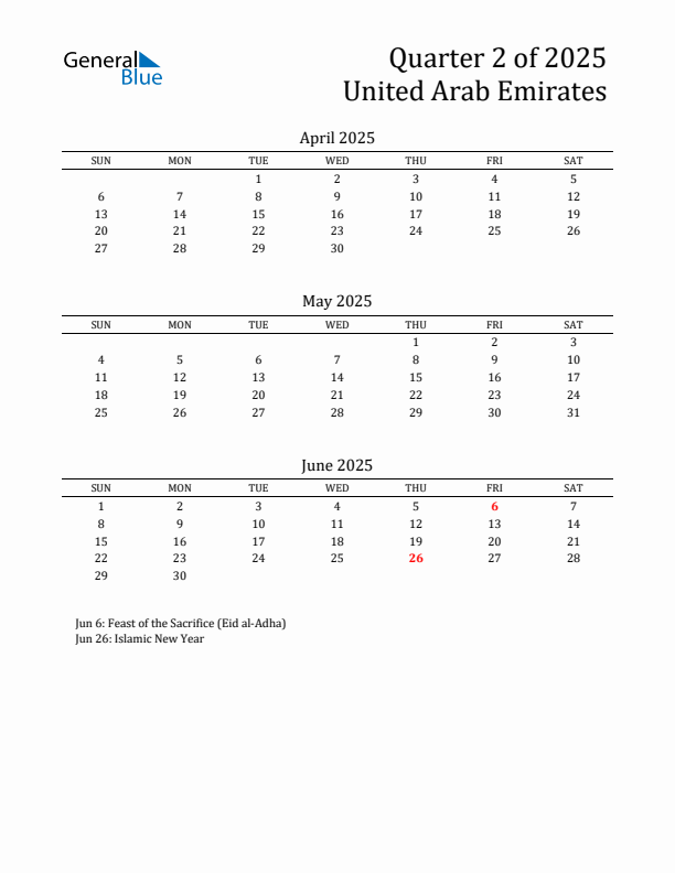 Quarter 2 2025 United Arab Emirates Quarterly Calendar