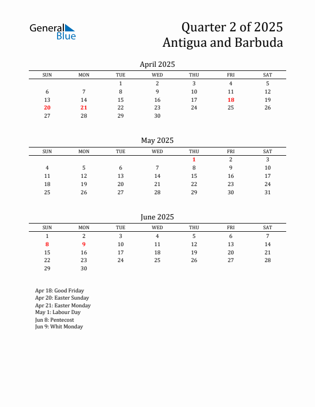 Quarter 2 2025 Antigua and Barbuda Quarterly Calendar