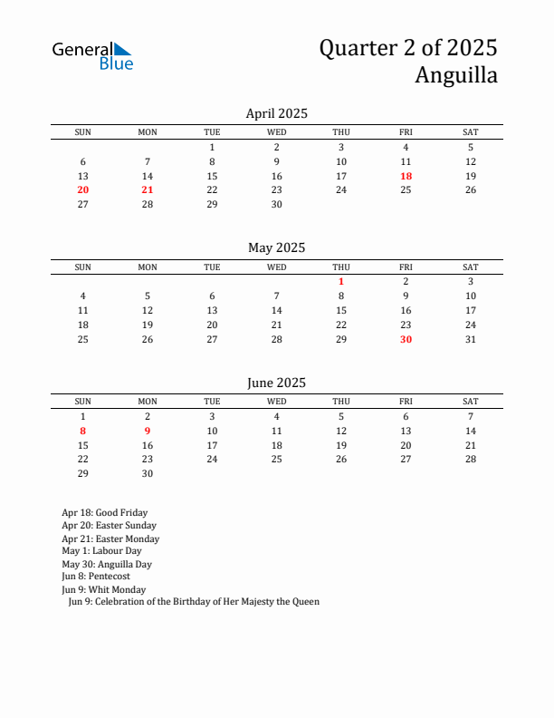 Quarter 2 2025 Anguilla Quarterly Calendar