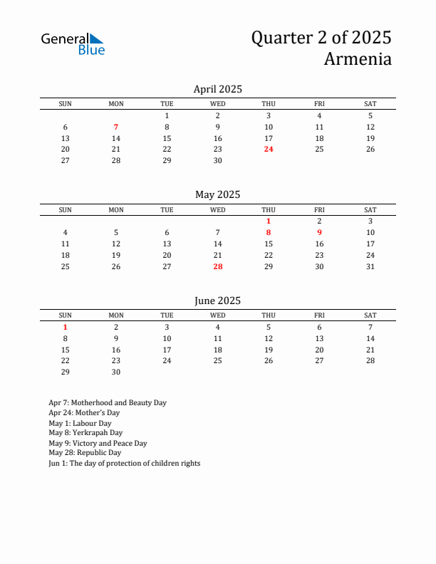 Quarter 2 2025 Armenia Quarterly Calendar