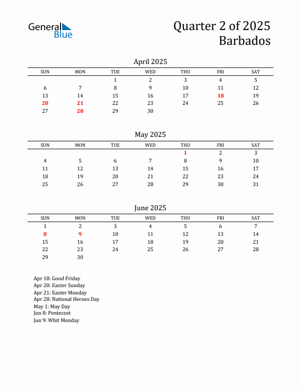 Quarter 2 2025 Barbados Quarterly Calendar