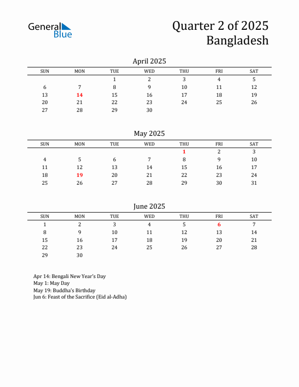 Quarter 2 2025 Bangladesh Quarterly Calendar