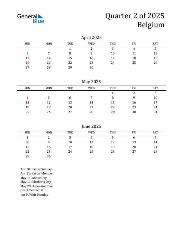 Quarter 2 2025 Belgium Quarterly Calendar