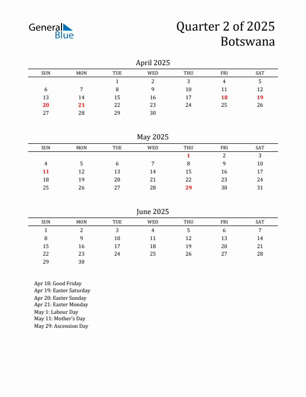 Quarter 2 2025 Botswana Quarterly Calendar