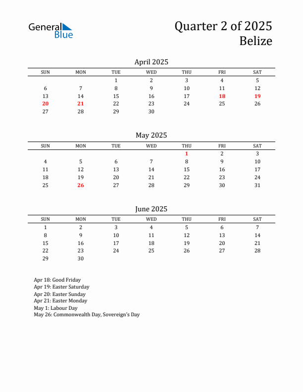 Quarter 2 2025 Belize Quarterly Calendar