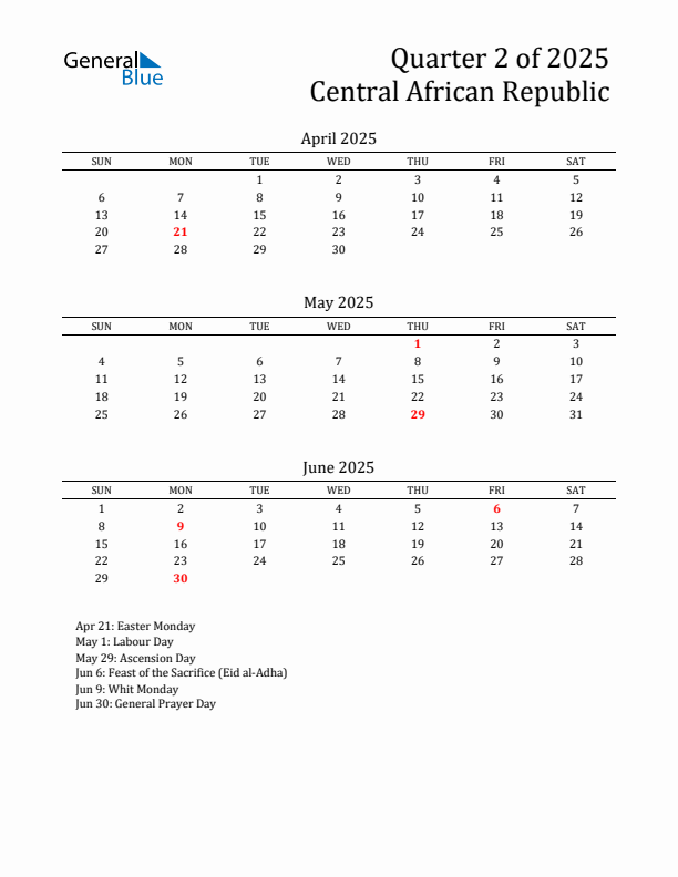 Quarter 2 2025 Central African Republic Quarterly Calendar