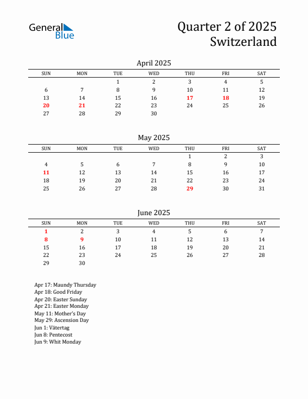 Quarter 2 2025 Switzerland Quarterly Calendar