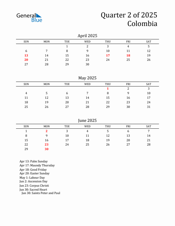 Quarter 2 2025 Colombia Quarterly Calendar