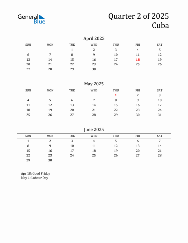 Quarter 2 2025 Cuba Quarterly Calendar