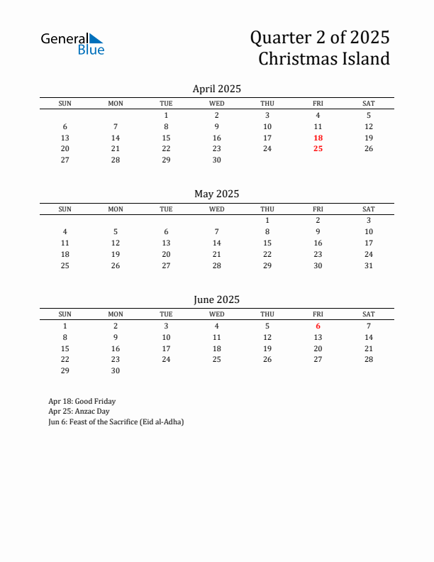 Quarter 2 2025 Christmas Island Quarterly Calendar