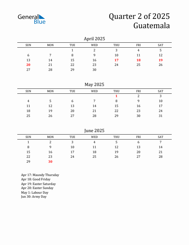 Quarter 2 2025 Guatemala Quarterly Calendar