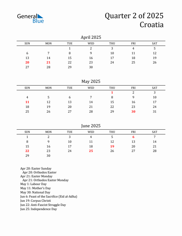 Quarter 2 2025 Croatia Quarterly Calendar