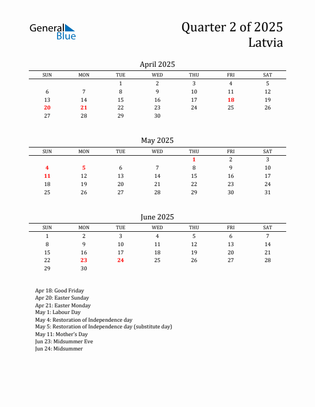 Quarter 2 2025 Latvia Quarterly Calendar