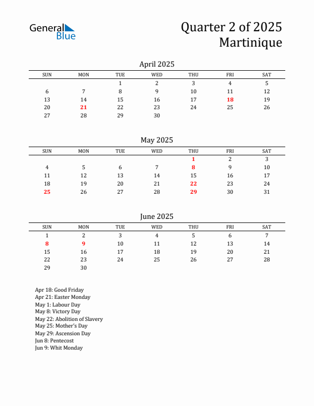 Quarter 2 2025 Martinique Quarterly Calendar