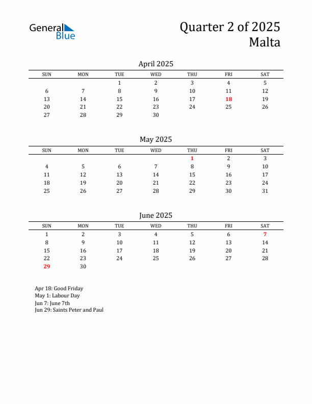 Quarter 2 2025 Malta Quarterly Calendar