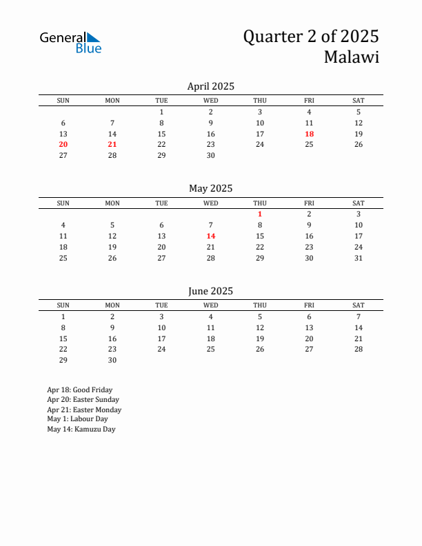 Quarter 2 2025 Malawi Quarterly Calendar