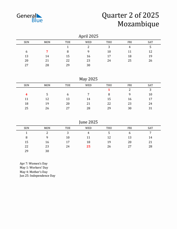 Quarter 2 2025 Mozambique Quarterly Calendar