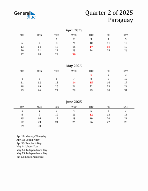 Quarter 2 2025 Paraguay Quarterly Calendar