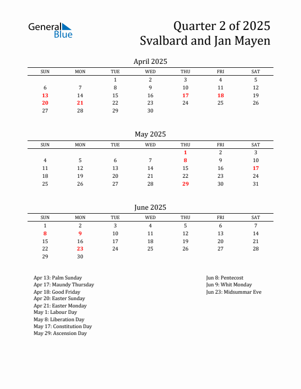 Quarter 2 2025 Svalbard and Jan Mayen Quarterly Calendar