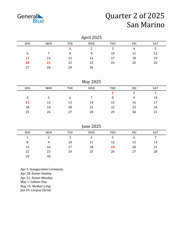 Quarter 2 2025 San Marino Quarterly Calendar