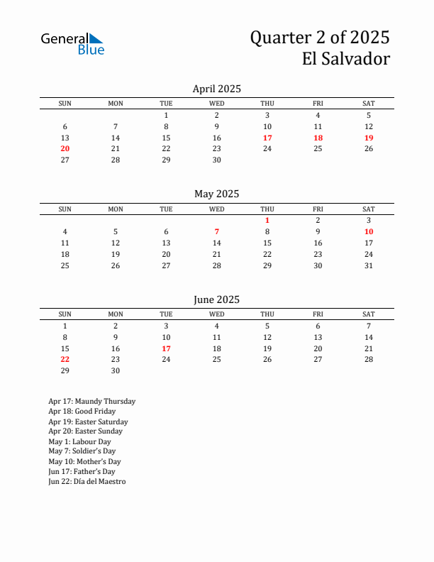 Quarter 2 2025 El Salvador Quarterly Calendar