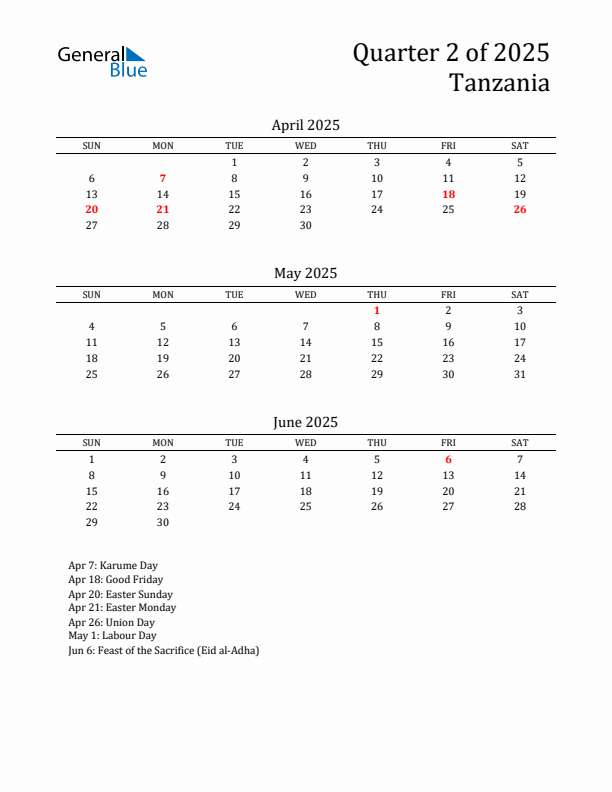 Quarter 2 2025 Tanzania Quarterly Calendar