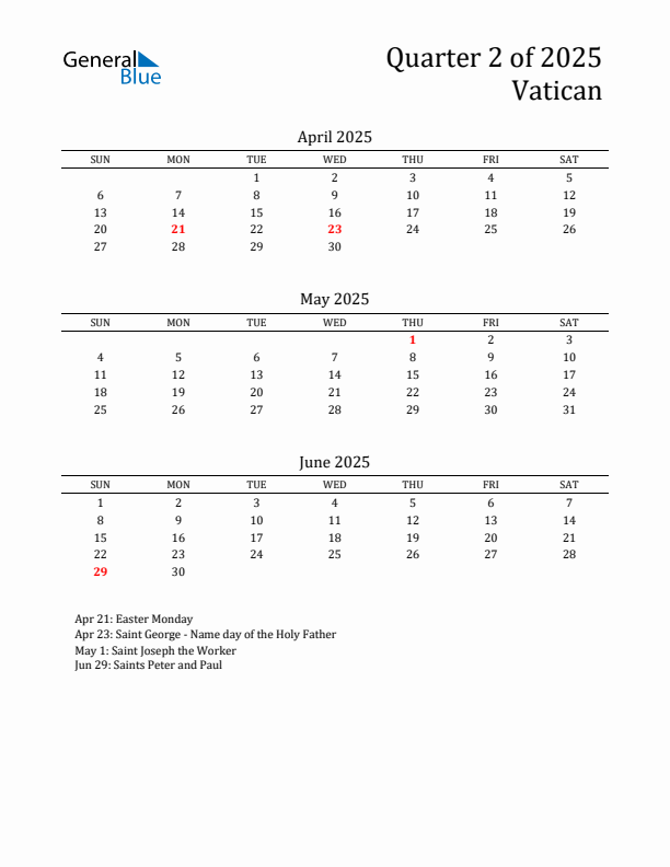 Quarter 2 2025 Vatican Quarterly Calendar