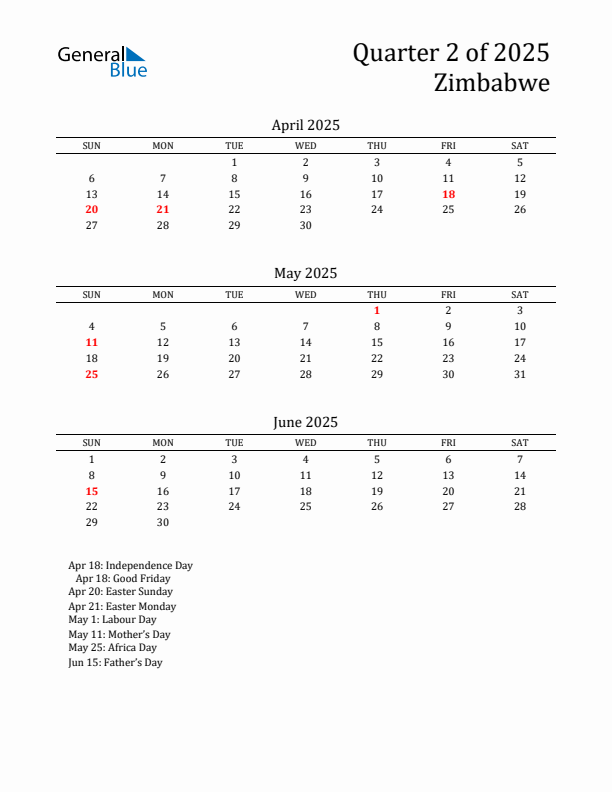 Quarter 2 2025 Zimbabwe Quarterly Calendar