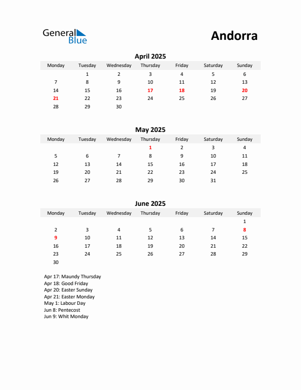 Printable Quarterly Calendar with Notes and Andorra Holidays- Q2 of 2025