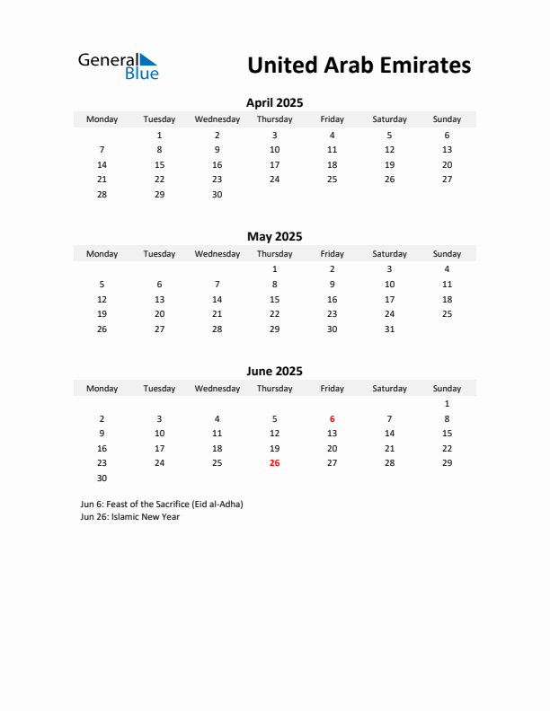 Printable Quarterly Calendar with Notes and United Arab Emirates Holidays- Q2 of 2025