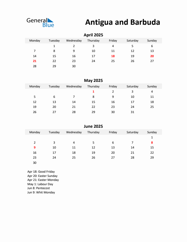 Printable Quarterly Calendar with Notes and Antigua and Barbuda Holidays- Q2 of 2025