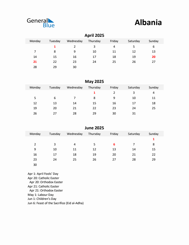 Printable Quarterly Calendar with Notes and Albania Holidays- Q2 of 2025