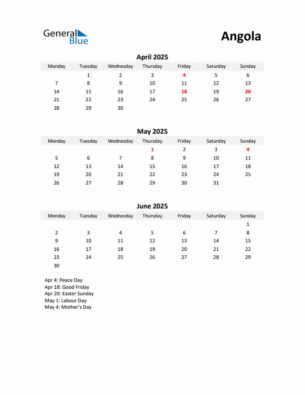 Printable Quarterly Calendar with Notes and Angola Holidays- Q2 of 2025