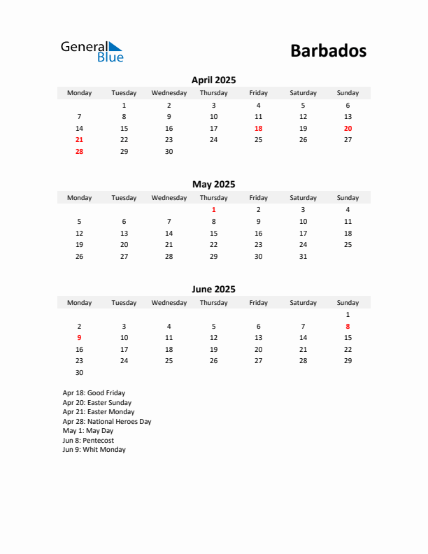 Printable Quarterly Calendar with Notes and Barbados Holidays- Q2 of 2025