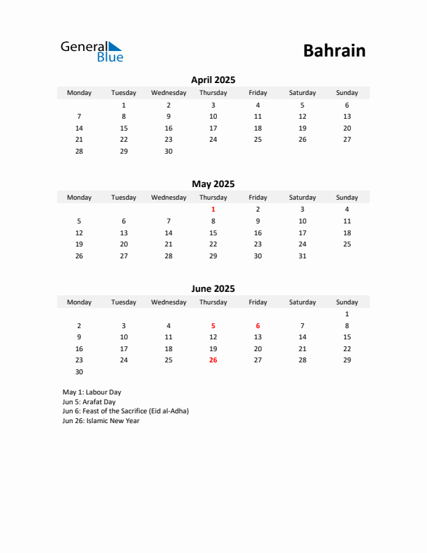 Printable Quarterly Calendar with Notes and Bahrain Holidays- Q2 of 2025