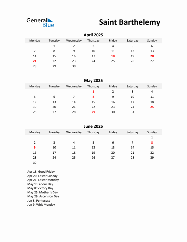 Printable Quarterly Calendar with Notes and Saint Barthelemy Holidays- Q2 of 2025