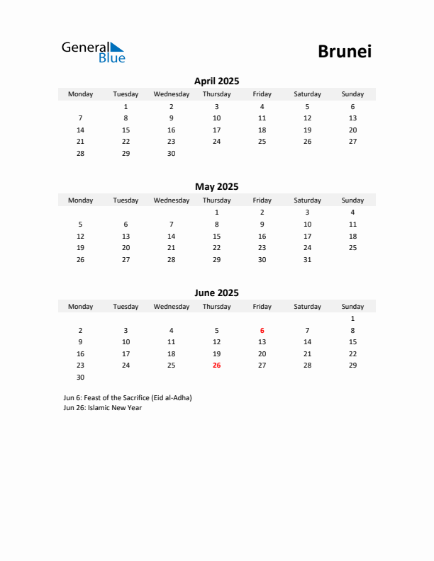 Printable Quarterly Calendar with Notes and Brunei Holidays- Q2 of 2025