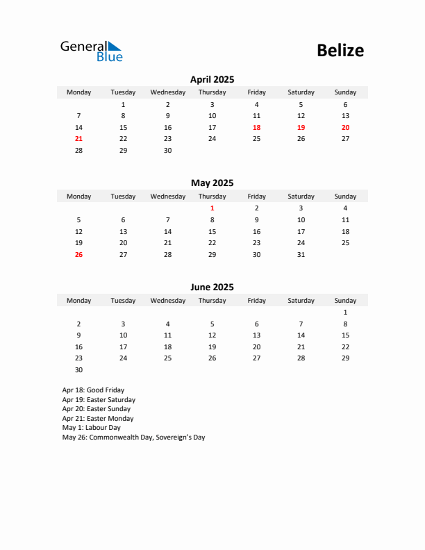 Printable Quarterly Calendar with Notes and Belize Holidays- Q2 of 2025