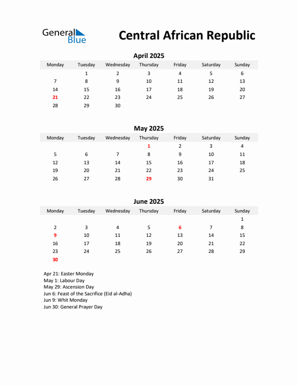 Printable Quarterly Calendar with Notes and Central African Republic Holidays- Q2 of 2025