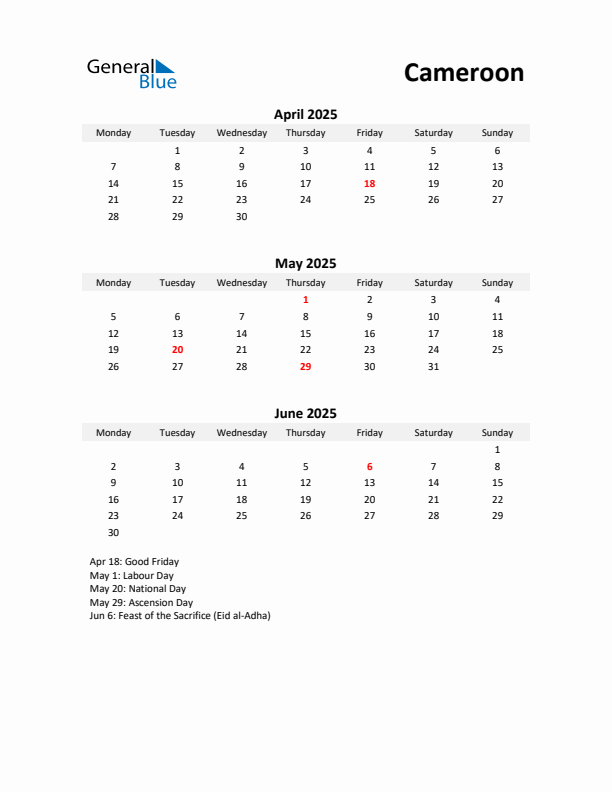 Printable Quarterly Calendar with Notes and Cameroon Holidays- Q2 of 2025