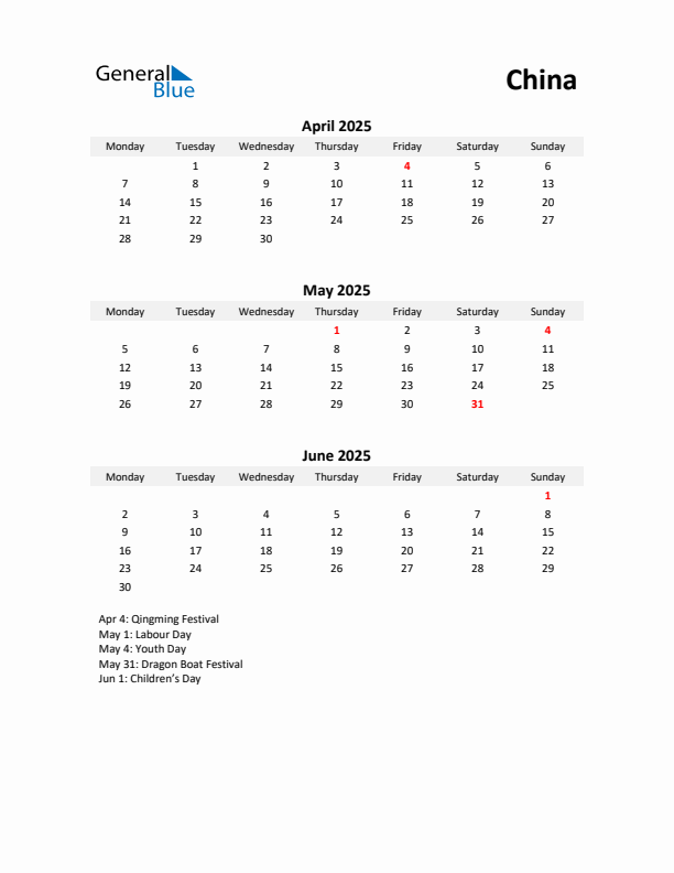 Printable Quarterly Calendar with Notes and China Holidays- Q2 of 2025