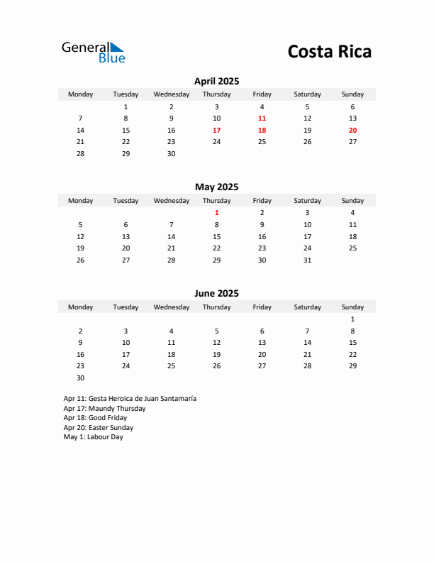 Printable Quarterly Calendar with Notes and Costa Rica Holidays- Q2 of 2025