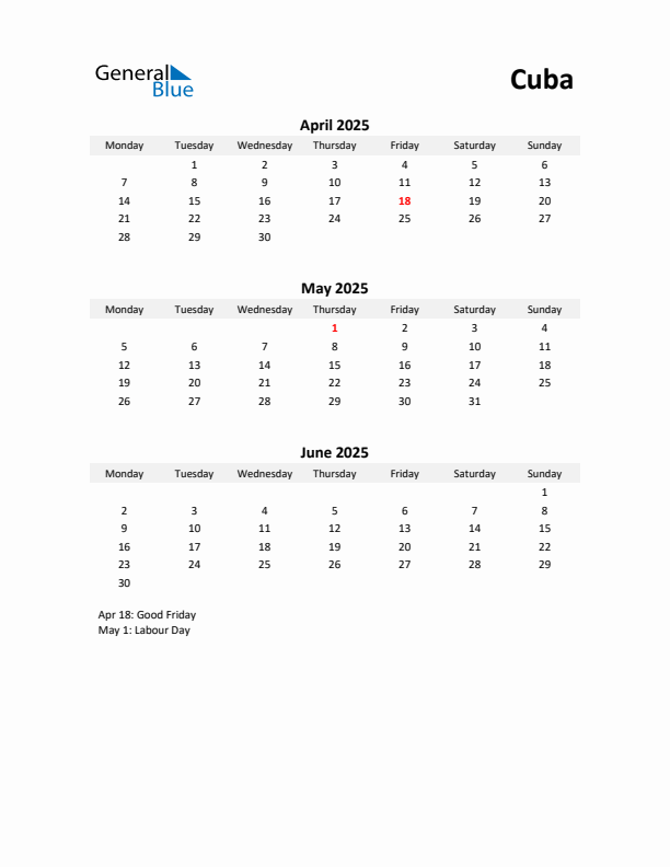 Printable Quarterly Calendar with Notes and Cuba Holidays- Q2 of 2025