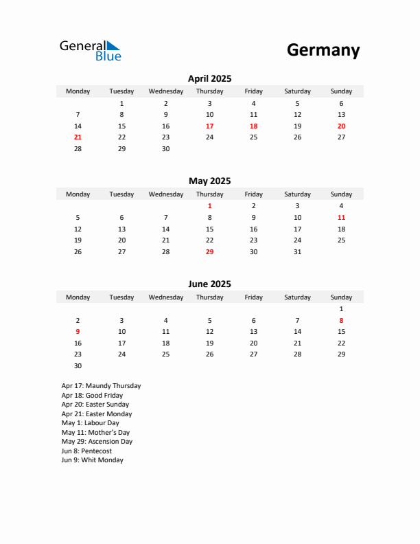 Printable Quarterly Calendar with Notes and Germany Holidays- Q2 of 2025