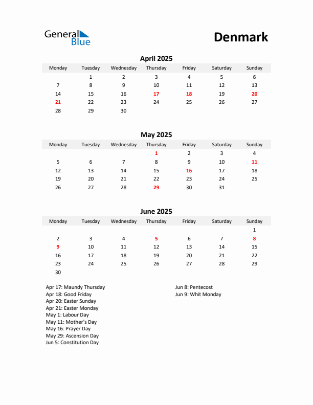 Printable Quarterly Calendar with Notes and Denmark Holidays- Q2 of 2025