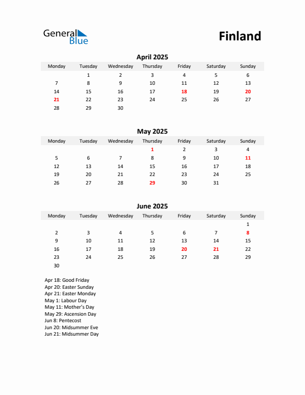 Printable Quarterly Calendar with Notes and Finland Holidays- Q2 of 2025