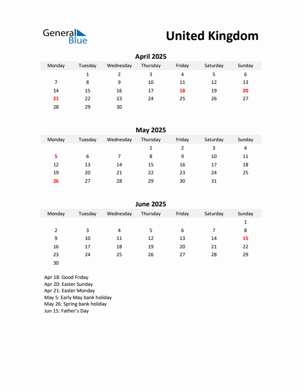 Printable Quarterly Calendar with Notes and United Kingdom Holidays- Q2 of 2025