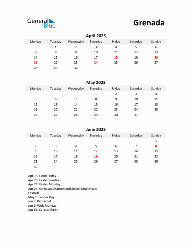 Printable Quarterly Calendar with Notes and Grenada Holidays- Q2 of 2025