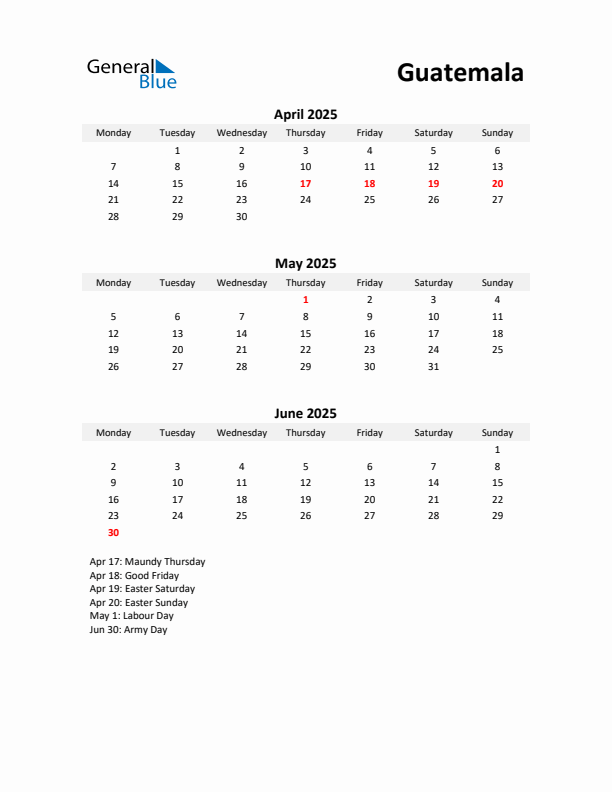 Printable Quarterly Calendar with Notes and Guatemala Holidays- Q2 of 2025