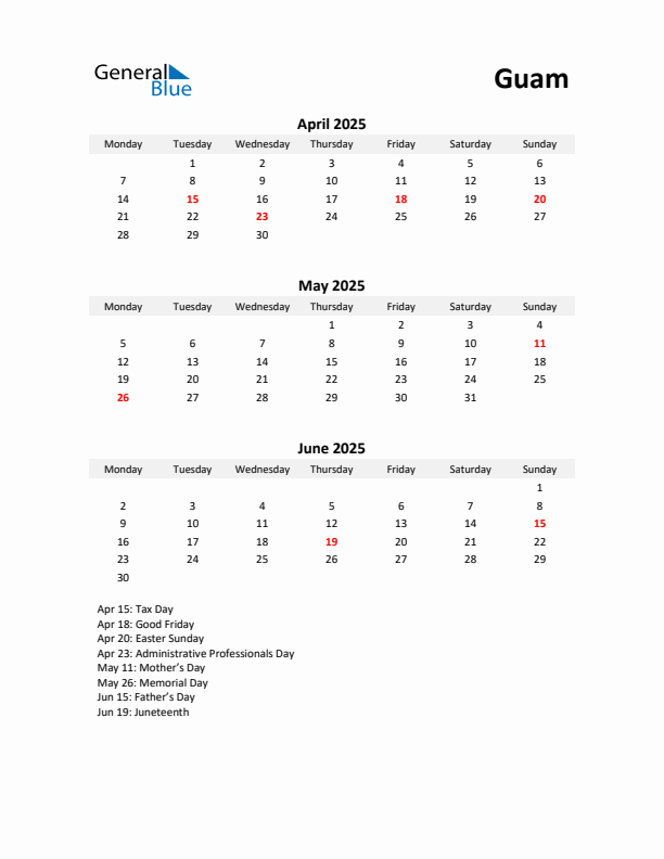 Printable Quarterly Calendar with Notes and Guam Holidays- Q2 of 2025